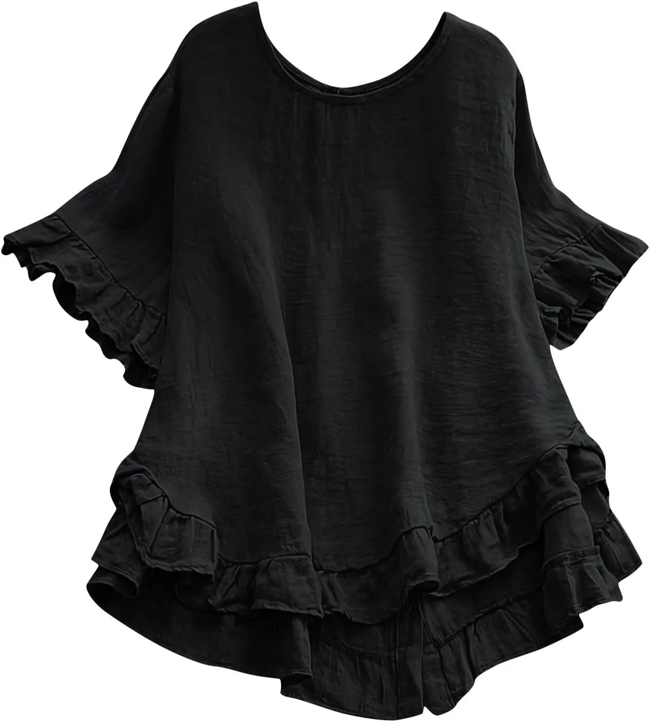 Women's Cotton and Linen Solid Color Loose Ruffled Edge Short Sleeved Button Up Shirt