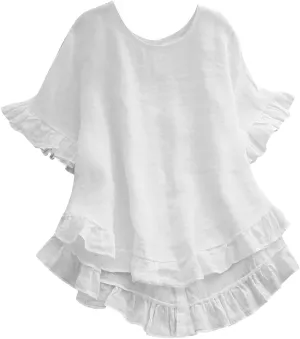 Women's Cotton and Linen Solid Color Loose Ruffled Edge Short Sleeved Button Up Shirt