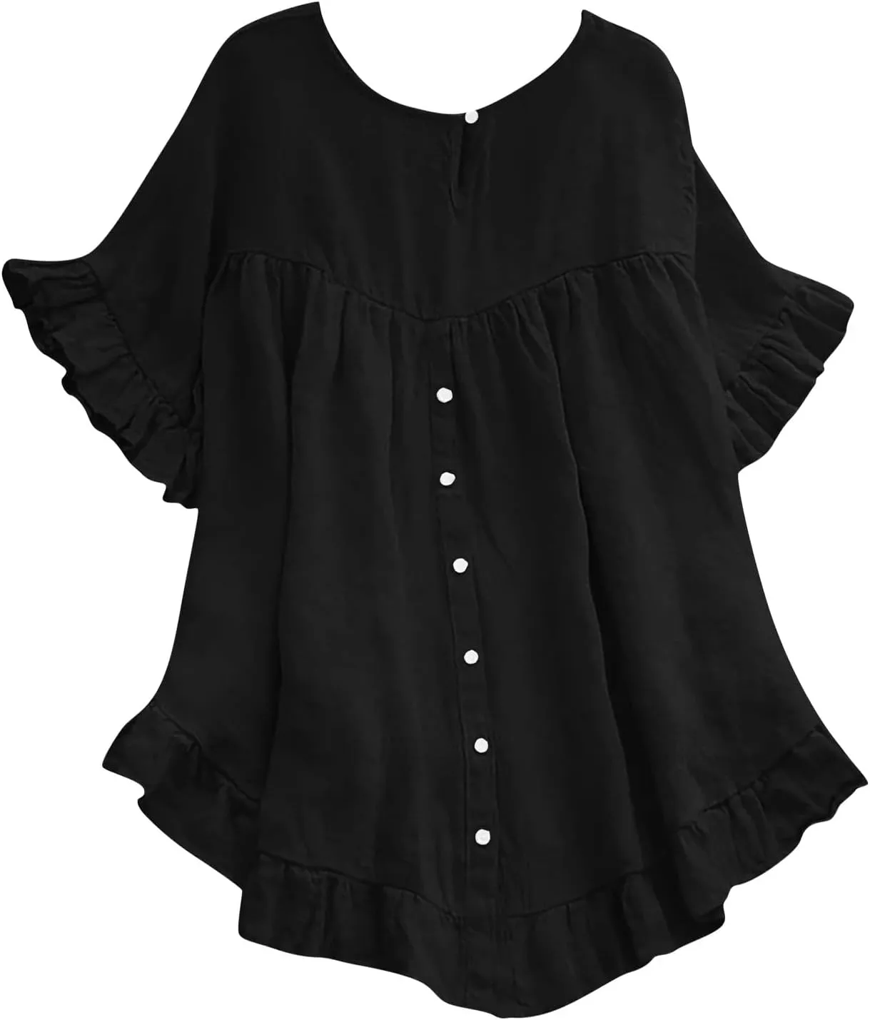 Women's Cotton and Linen Solid Color Loose Ruffled Edge Short Sleeved Button Up Shirt