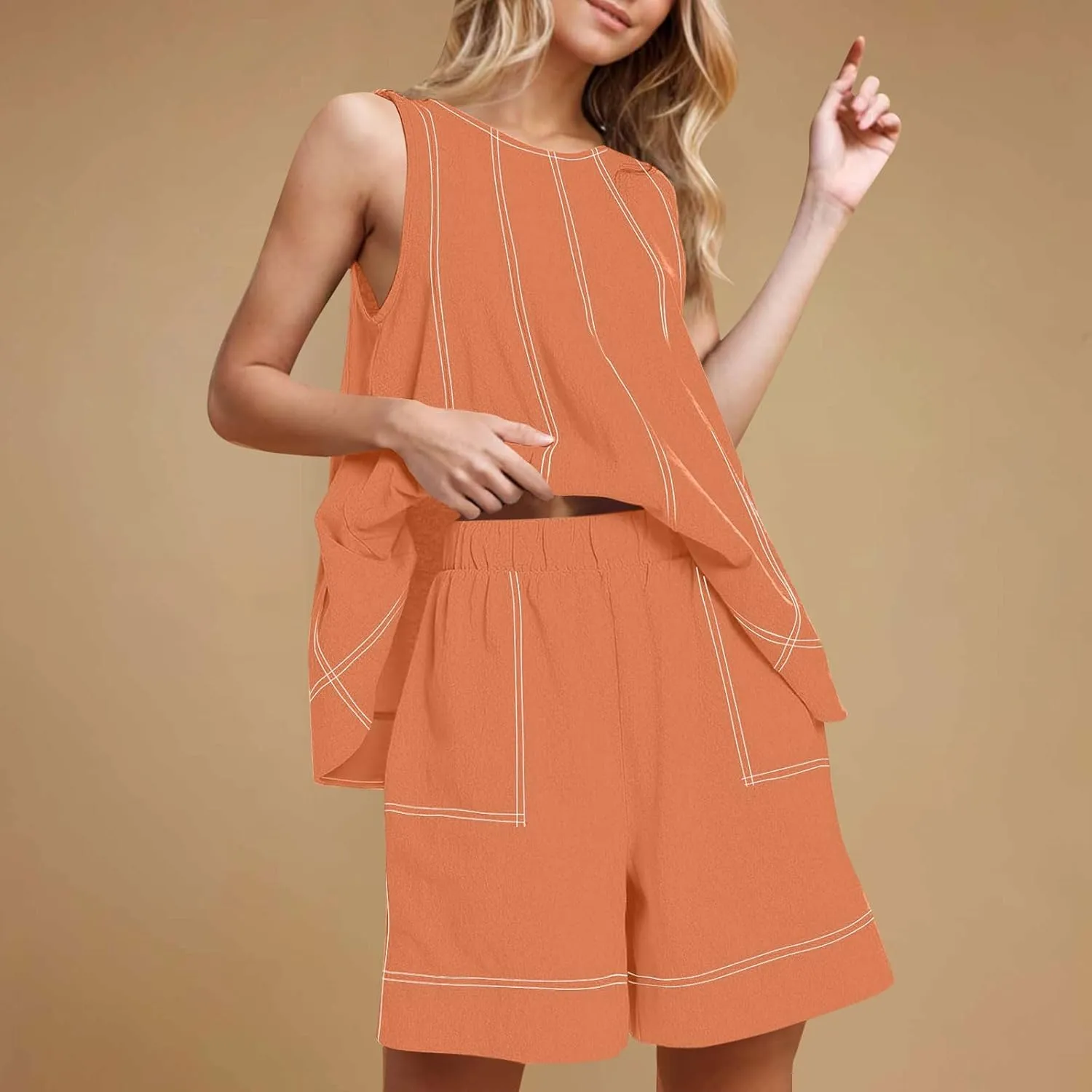 Womens Cotton Linen 2 Piece Outfits Tank Tops Wide Leg Short Set Striped Sleeveless Vacation Matching Lounge Tracksuit
