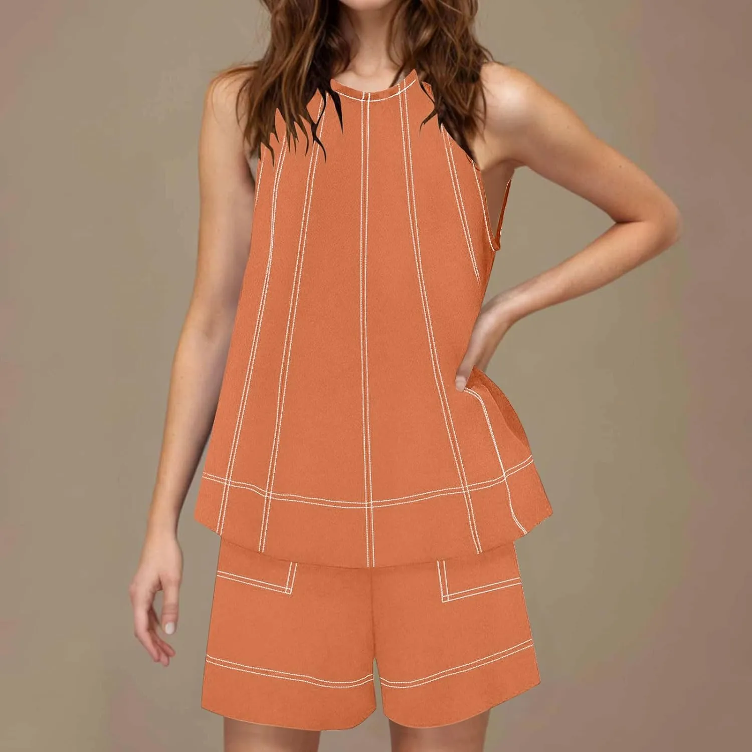 Womens Cotton Linen 2 Piece Outfits Tank Tops Wide Leg Short Set Striped Sleeveless Vacation Matching Lounge Tracksuit