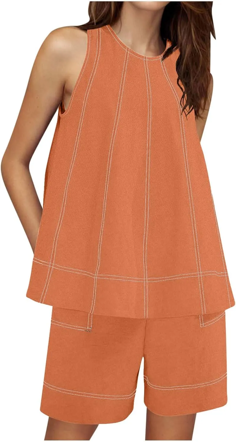 Womens Cotton Linen 2 Piece Outfits Tank Tops Wide Leg Short Set Striped Sleeveless Vacation Matching Lounge Tracksuit