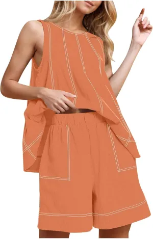 Womens Cotton Linen 2 Piece Outfits Tank Tops Wide Leg Short Set Striped Sleeveless Vacation Matching Lounge Tracksuit