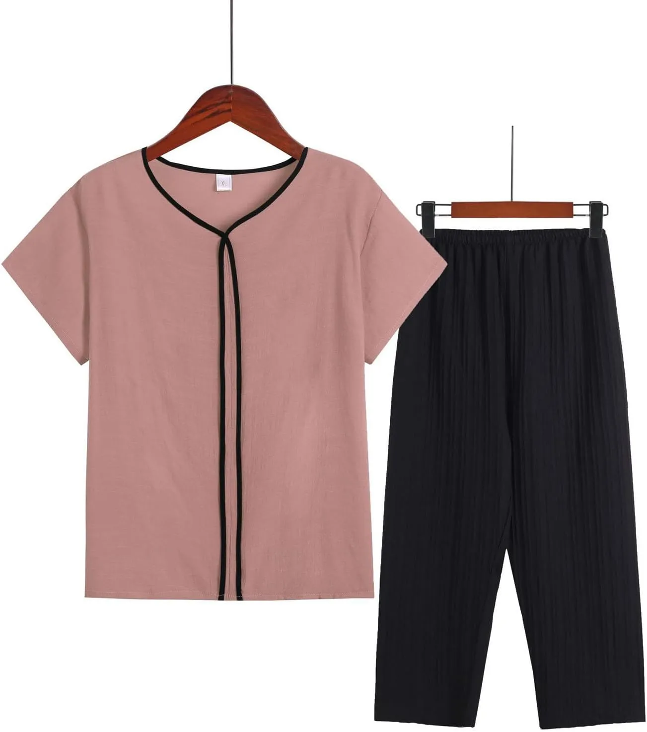 Womens Cotton Linen 2 Piece Pajamas Sets Short Sleeve Crew Neck Solid Top Matching Elastic Waist Casual Jogger Pant