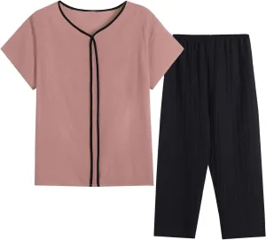 Womens Cotton Linen 2 Piece Pajamas Sets Short Sleeve Crew Neck Solid Top Matching Elastic Waist Casual Jogger Pant