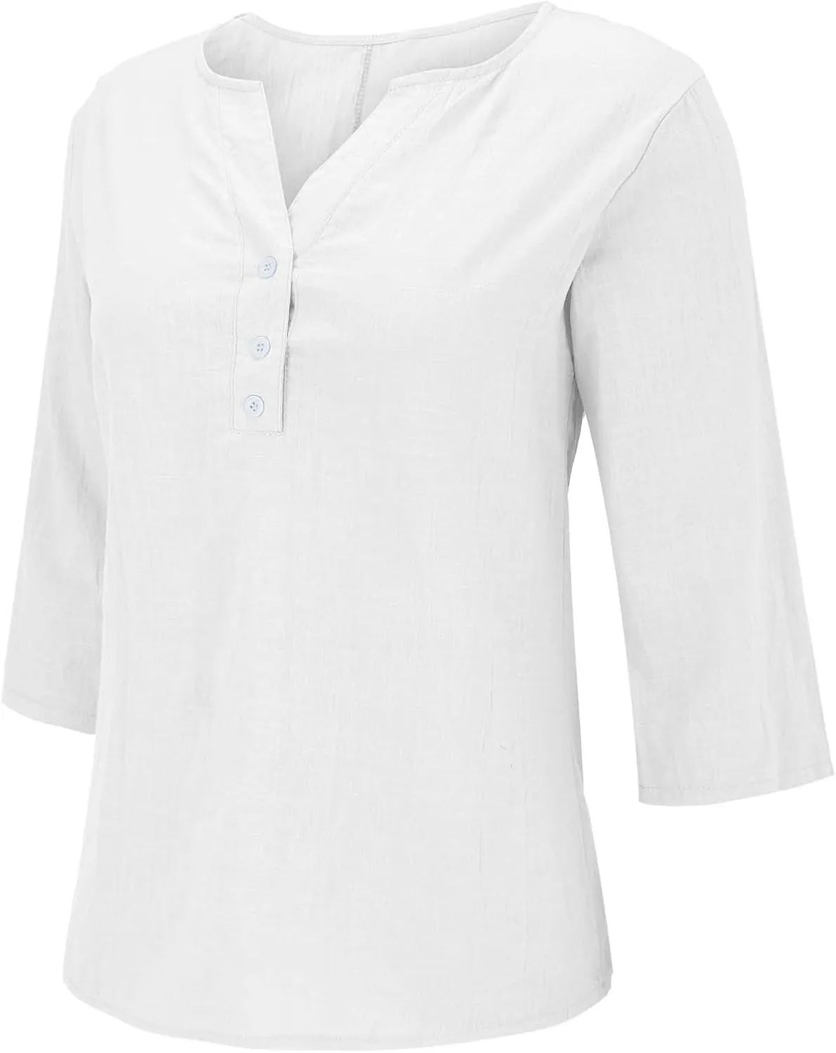 Womens Cotton Linen 3/4 Sleeve Tops Button Down Casual V Neck Tshirt Solid Color Basic Tee Shirts Summer Tunic Blouse