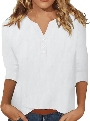 Womens Cotton Linen 3/4 Sleeve Tops Button Down Casual V Neck Tshirt Solid Color Basic Tee Shirts Summer Tunic Blouse
