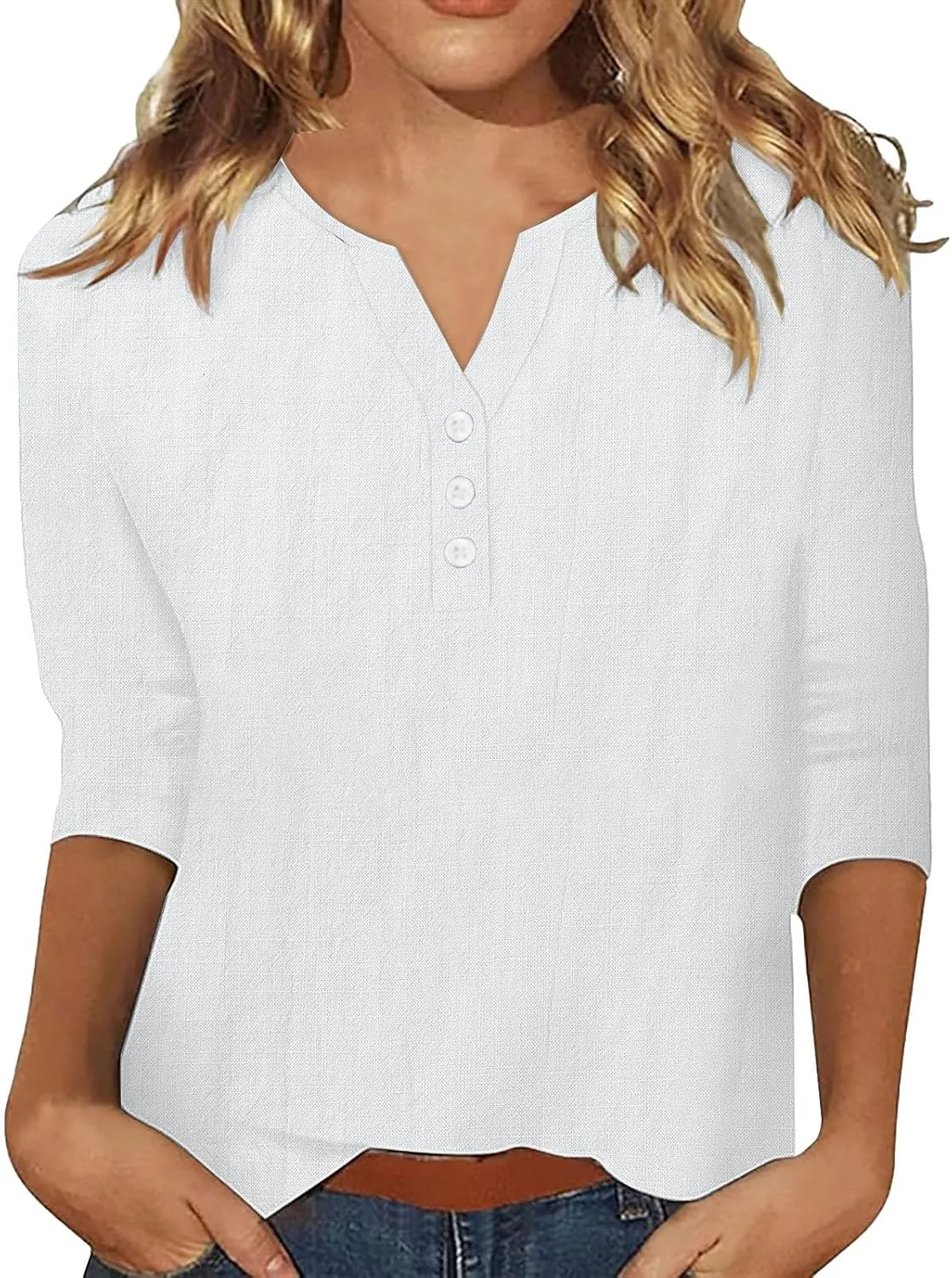 Womens Cotton Linen 3/4 Sleeve Tops Button Down Casual V Neck Tshirt Solid Color Basic Tee Shirts Summer Tunic Blouse
