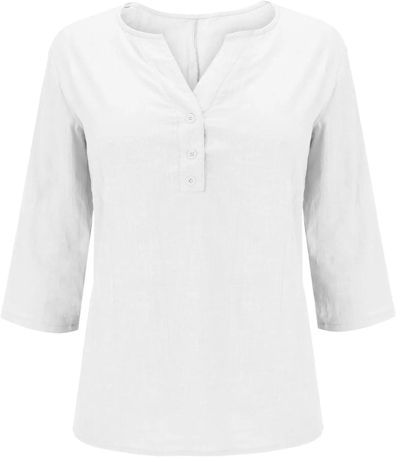 Womens Cotton Linen 3/4 Sleeve Tops Button Down Casual V Neck Tshirt Solid Color Basic Tee Shirts Summer Tunic Blouse