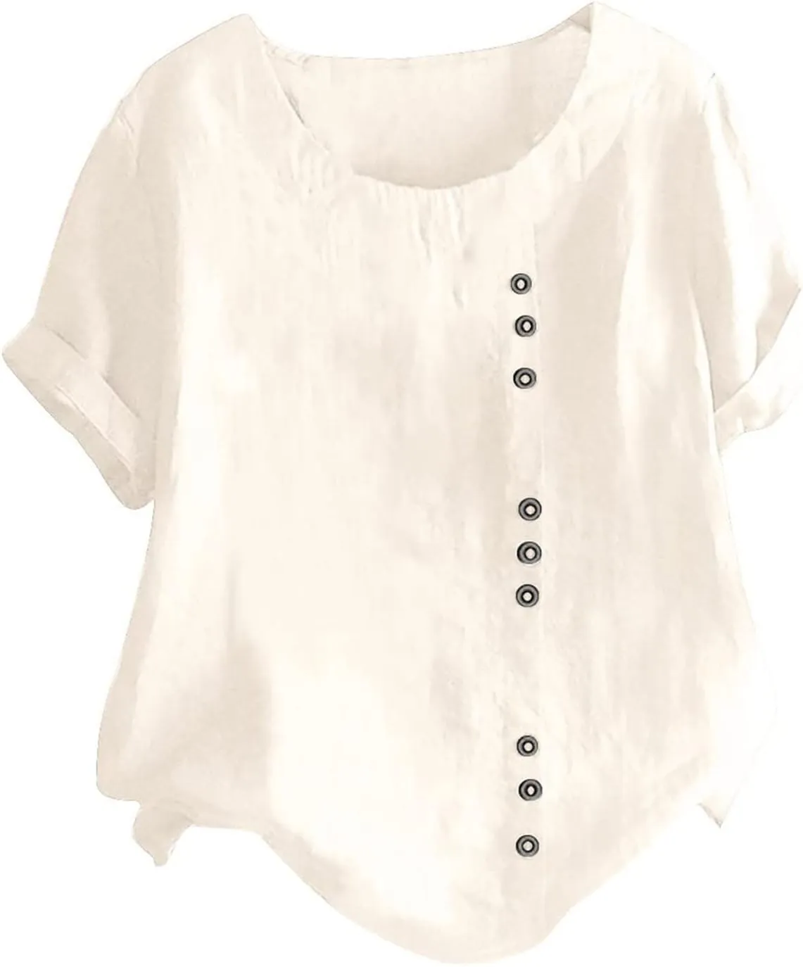 Womens Cotton Linen Button Down Shirt Short Sleeve Print Blouse Casual Crew Neck Tops Summer Flowy Tops for 2024