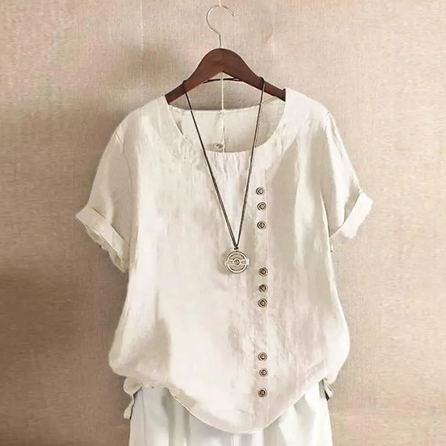 Womens Cotton Linen Button Down Shirt Short Sleeve Print Blouse Casual Crew Neck Tops Summer Flowy Tops for 2024