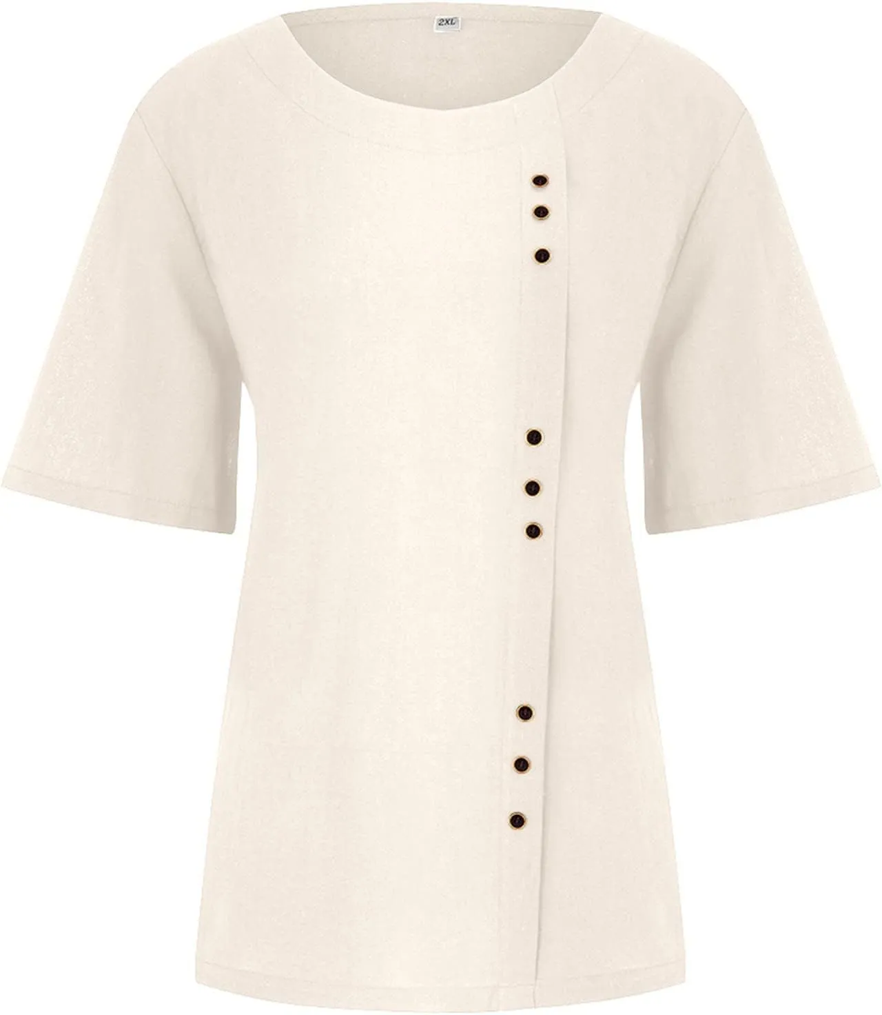 Womens Cotton Linen Button Down Shirt Short Sleeve Print Blouse Casual Crew Neck Tops Summer Flowy Tops for 2024