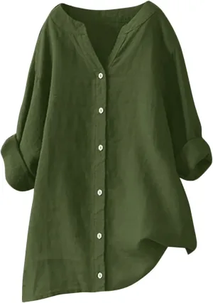 Women's Cotton Linen Button Down Shirts Summer Blouse Long Sleeve V Neck Loose Gauze Tunic Casual Beach Clothes 2025