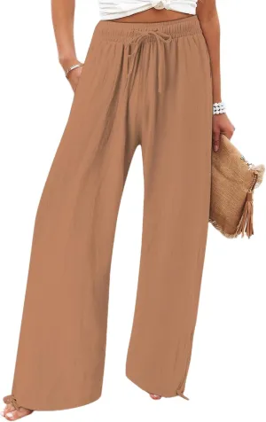 Women's Cotton Linen Drawstring Wide Leg Pants High Waisted Casual Loose Trousers Lounge Straight Pants with Pockets