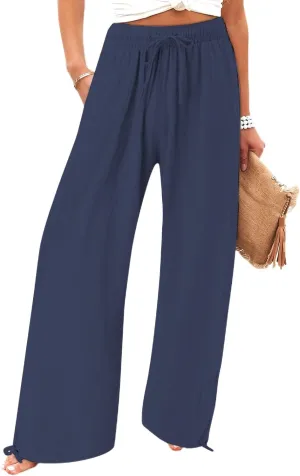 Women's Cotton Linen Drawstring Wide Leg Pants High Waisted Casual Loose Trousers Lounge Straight Pants with Pockets