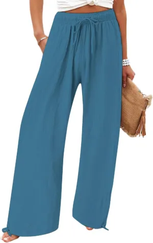 Women's Cotton Linen Drawstring Wide Leg Pants High Waisted Casual Loose Trousers Lounge Straight Pants with Pockets