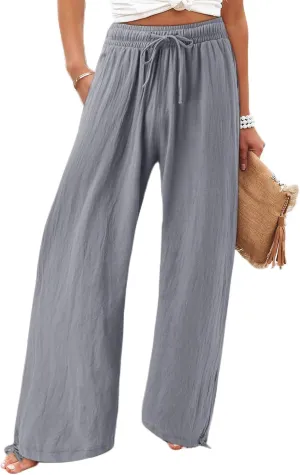 Women's Cotton Linen Drawstring Wide Leg Pants High Waisted Casual Loose Trousers Lounge Straight Pants with Pockets