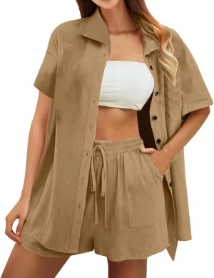 Women's Cotton Linen Lounge Sets Convertible Button Down Shirt & Shorts 2 Piece Outfit Resortwear with Pockets