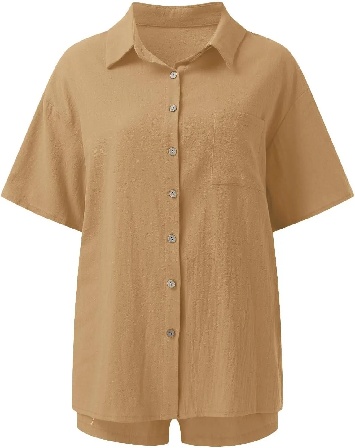 Women's Cotton Linen Lounge Sets Convertible Button Down Shirt & Shorts 2 Piece Outfit Resortwear with Pockets