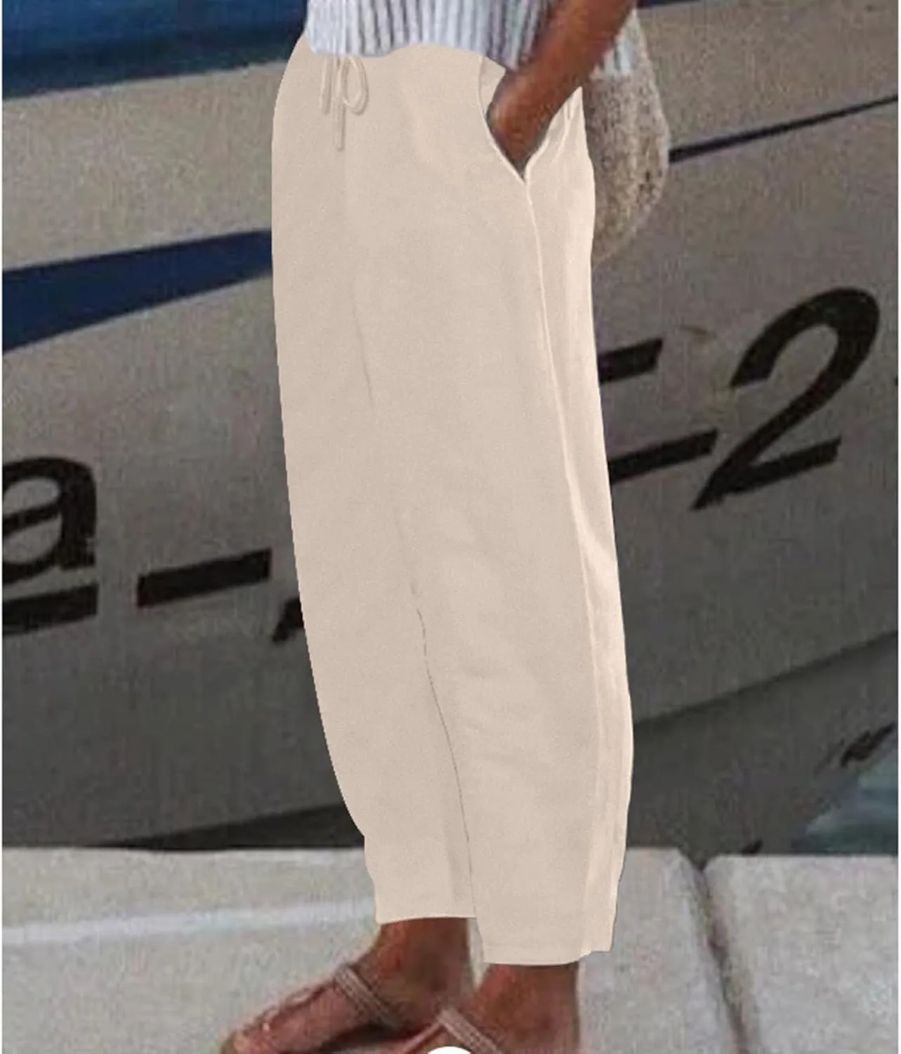 Womens Cotton Linen Pants,Summer Casual Loose Drawstring High Waist Lounge Palazzo Pants Beach Trousers with Pockets