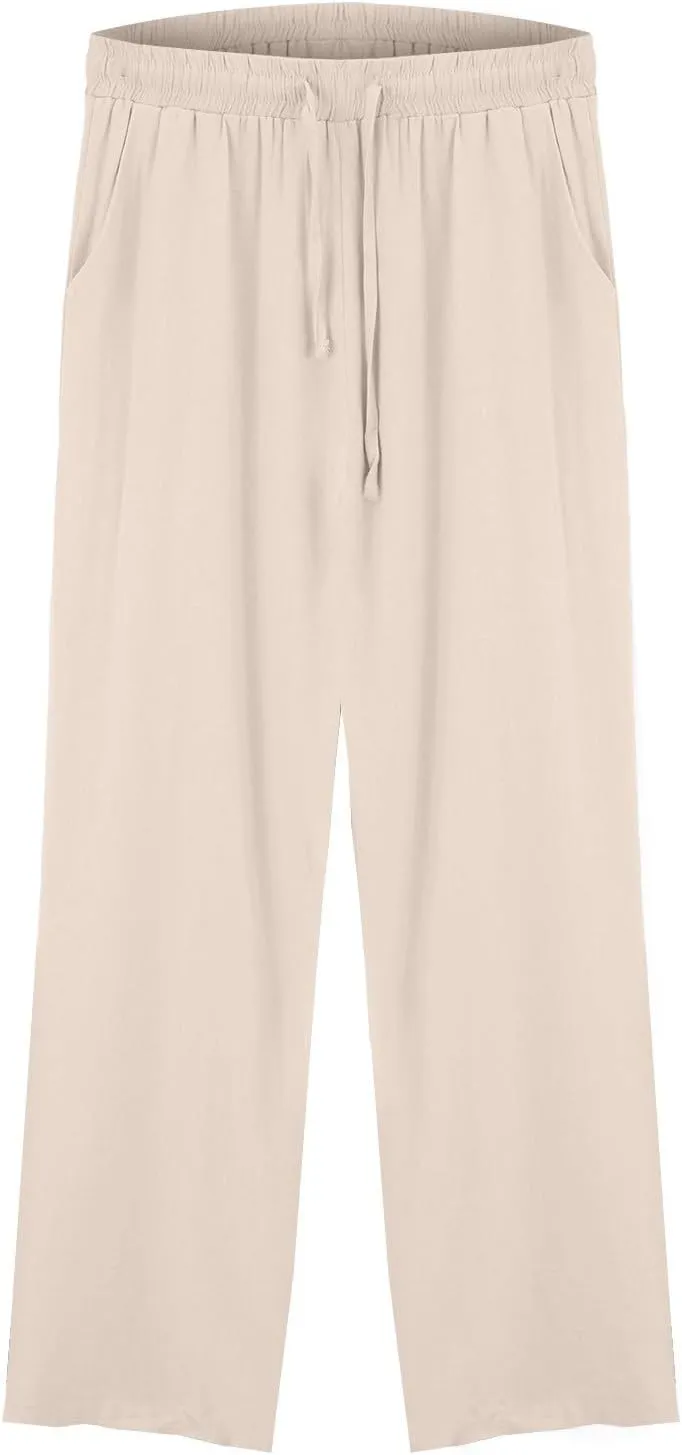 Womens Cotton Linen Pants,Summer Casual Loose Drawstring High Waist Lounge Palazzo Pants Beach Trousers with Pockets