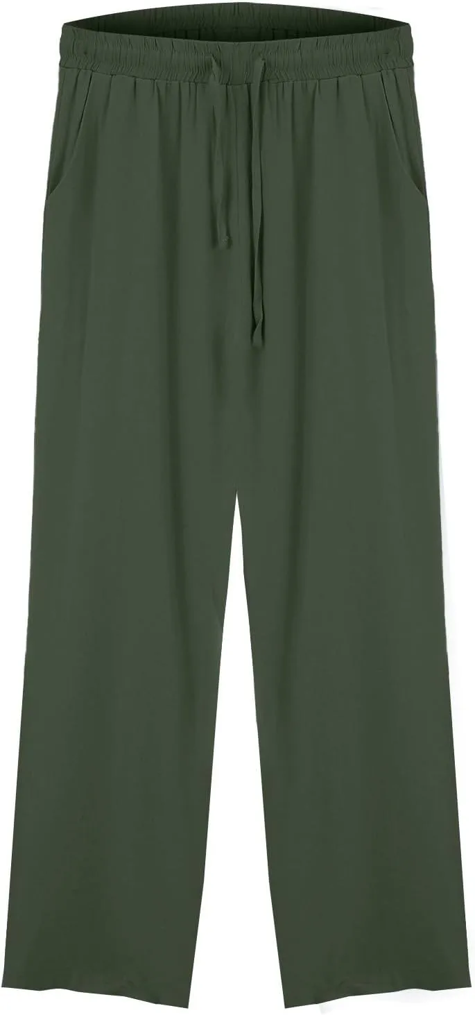 Womens Cotton Linen Pants,Summer Casual Loose Drawstring High Waist Lounge Palazzo Pants Beach Trousers with Pockets