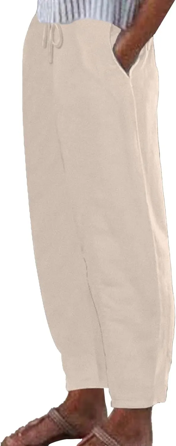 Womens Cotton Linen Pants,Summer Casual Loose Drawstring High Waist Lounge Palazzo Pants Beach Trousers with Pockets