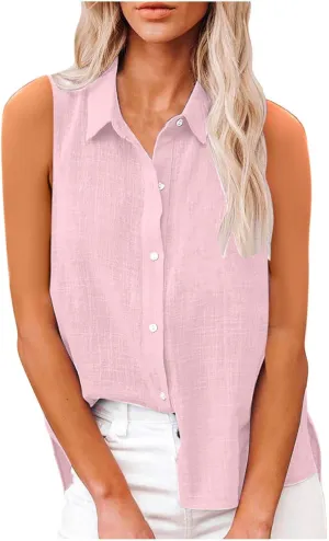Women's Cotton Linen Shirts Sleeveless Collared Tops Oversized Button Up Blouses Work Shirts Casual Summer Tshirt