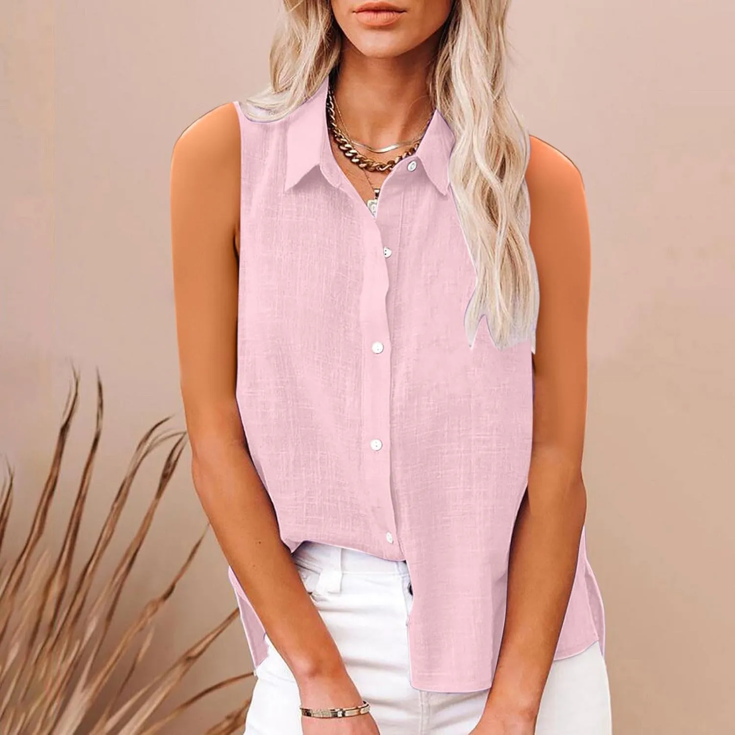 Women's Cotton Linen Shirts Sleeveless Collared Tops Oversized Button Up Blouses Work Shirts Casual Summer Tshirt