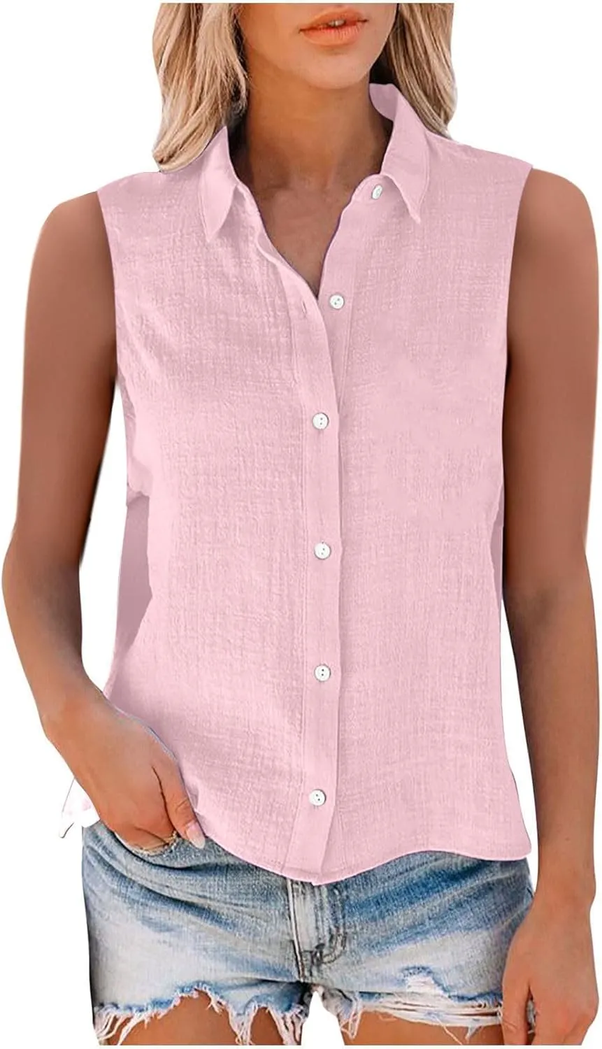 Women's Cotton Linen Shirts Sleeveless Collared Tops Oversized Button Up Blouses Work Shirts Casual Summer Tshirt