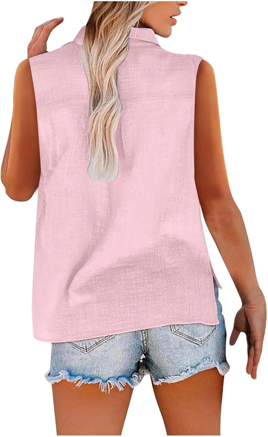 Women's Cotton Linen Shirts Sleeveless Collared Tops Oversized Button Up Blouses Work Shirts Casual Summer Tshirt