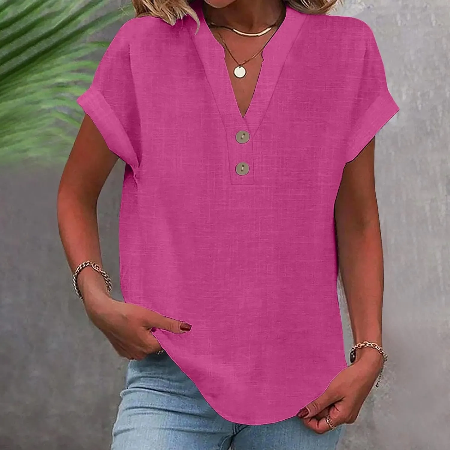 Womens Cotton Linen Shirts Summer Trendy Short Sleeve V-Neck Blouses Tops Button Down Gauze Tees Casual Clothes 2025