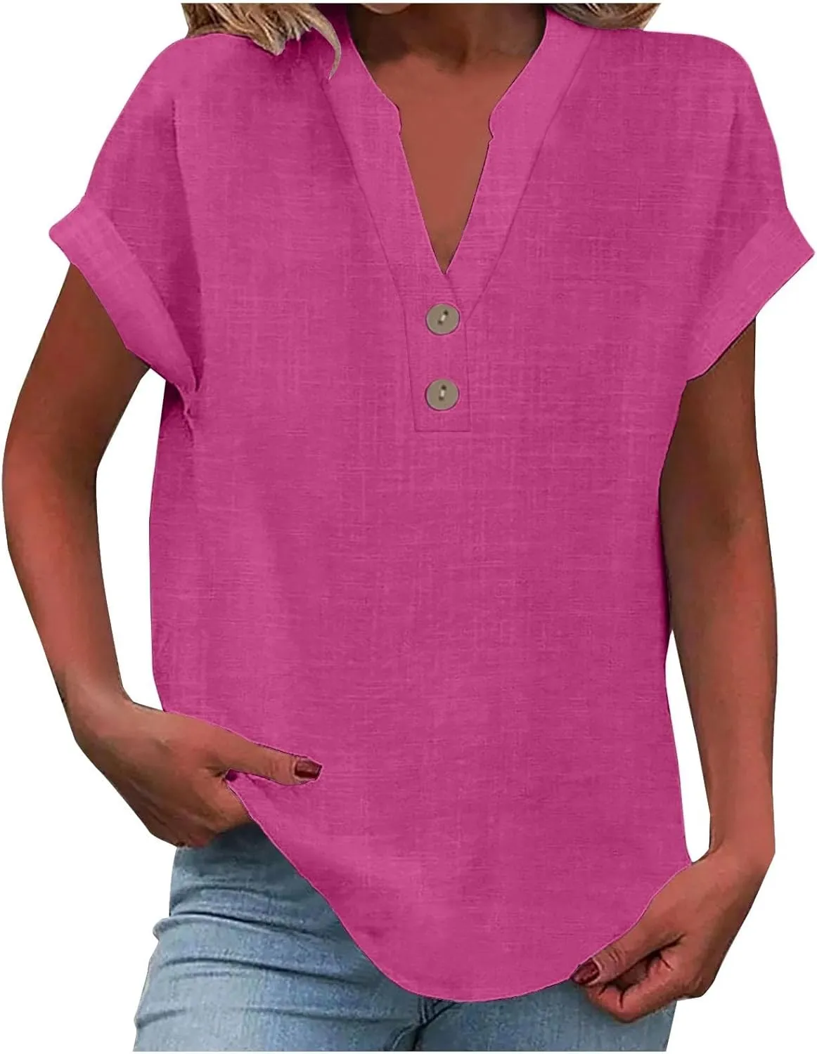 Womens Cotton Linen Shirts Summer Trendy Short Sleeve V-Neck Blouses Tops Button Down Gauze Tees Casual Clothes 2025