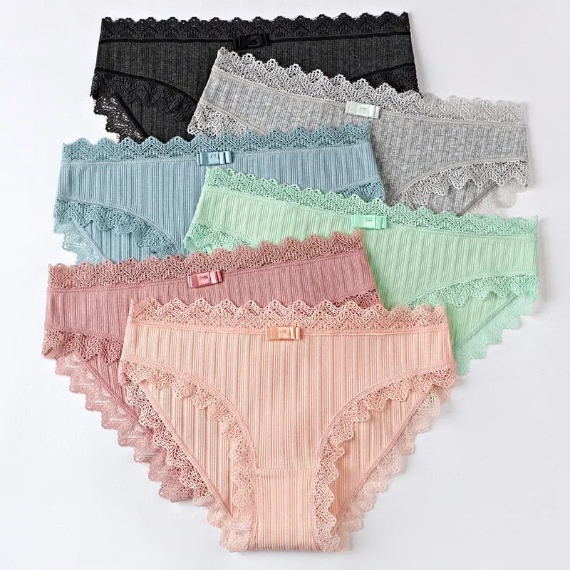 Women's Cotton Panties Female Striped Breathable Briefs Sexy Lace Edge Underwear Women Cotton Crotch Lingerie Intimates Hollow