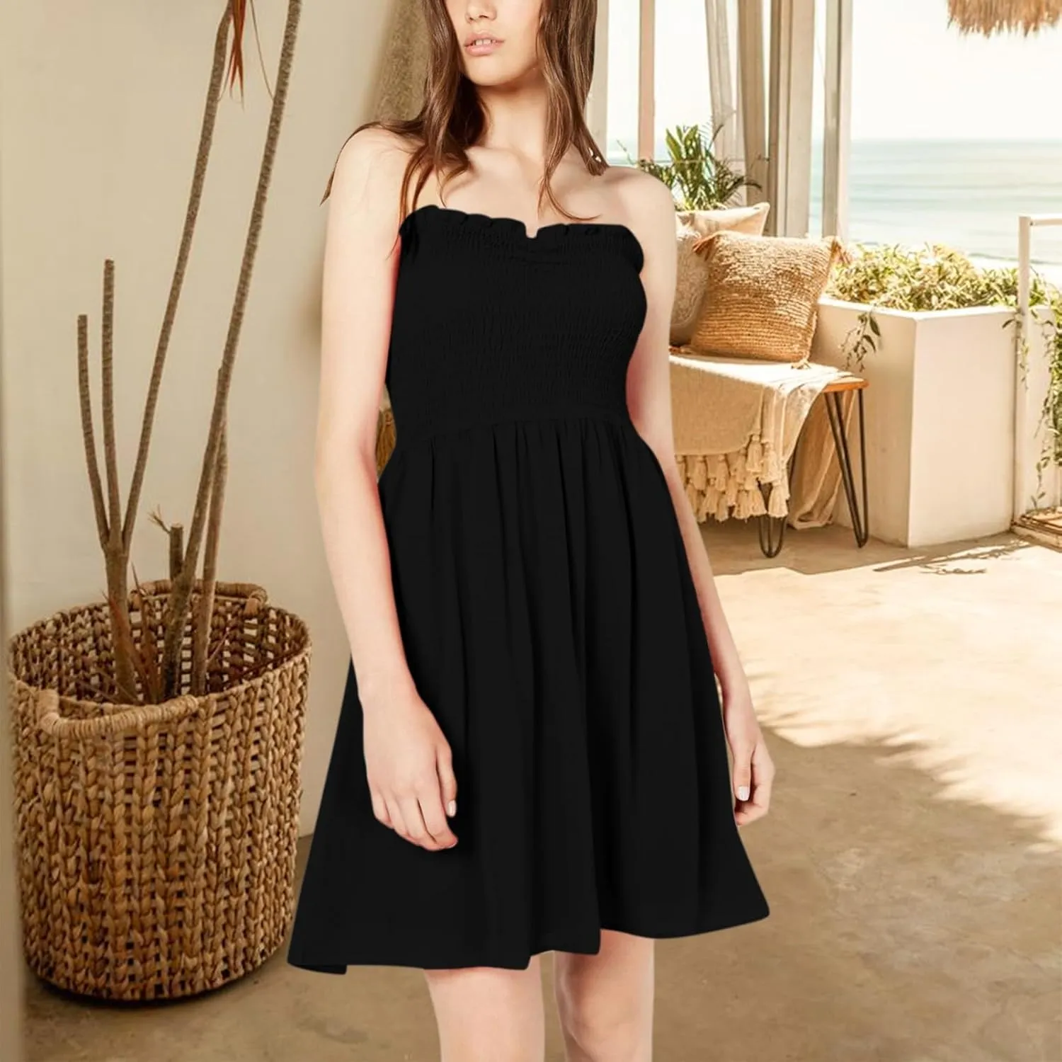 Women's Cover Up Beach Strapless Dress Beach Skirt Summer Business Dress with Pockets