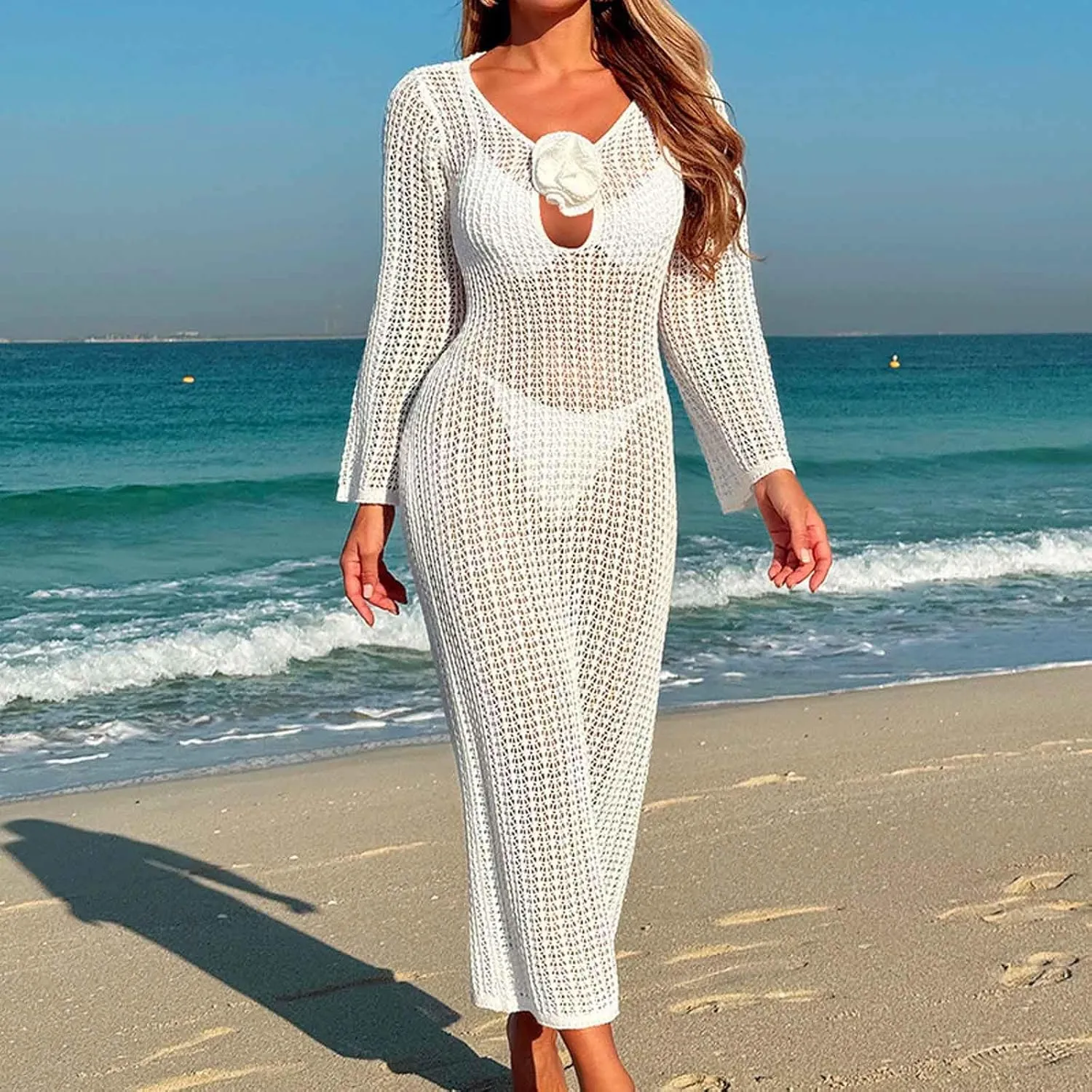 Womens Crochet Knit Swimsuit Cover Up 3D Floral Hollow Out Open Back Tie-Up Maxi Dress Summer Beachwear Coverup Dresses