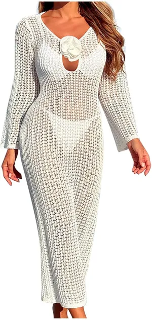 Womens Crochet Knit Swimsuit Cover Up 3D Floral Hollow Out Open Back Tie-Up Maxi Dress Summer Beachwear Coverup Dresses