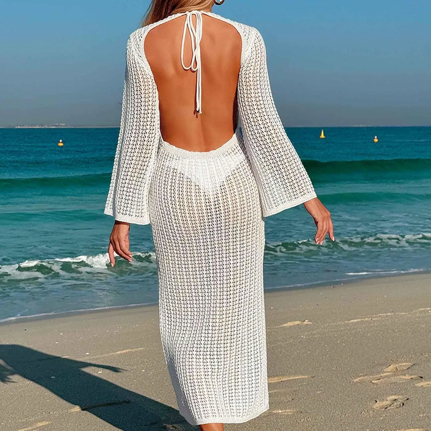 Womens Crochet Knit Swimsuit Cover Up 3D Floral Hollow Out Open Back Tie-Up Maxi Dress Summer Beachwear Coverup Dresses