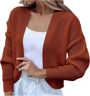 Womens Cropped Cardigan Open Front Shrug Sweater Coats Long Sleeve Solid Color Sweaters Top V Neck Ribbed Coats