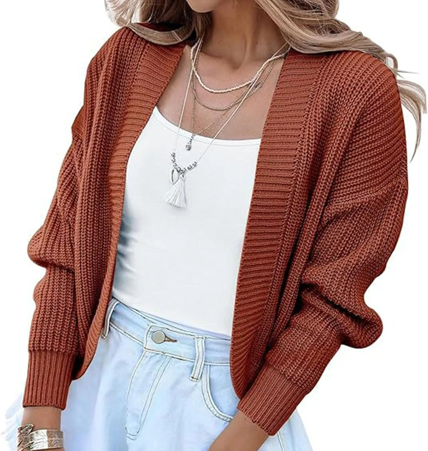 Womens Cropped Cardigan Open Front Shrug Sweater Coats Long Sleeve Solid Color Sweaters Top V Neck Ribbed Coats