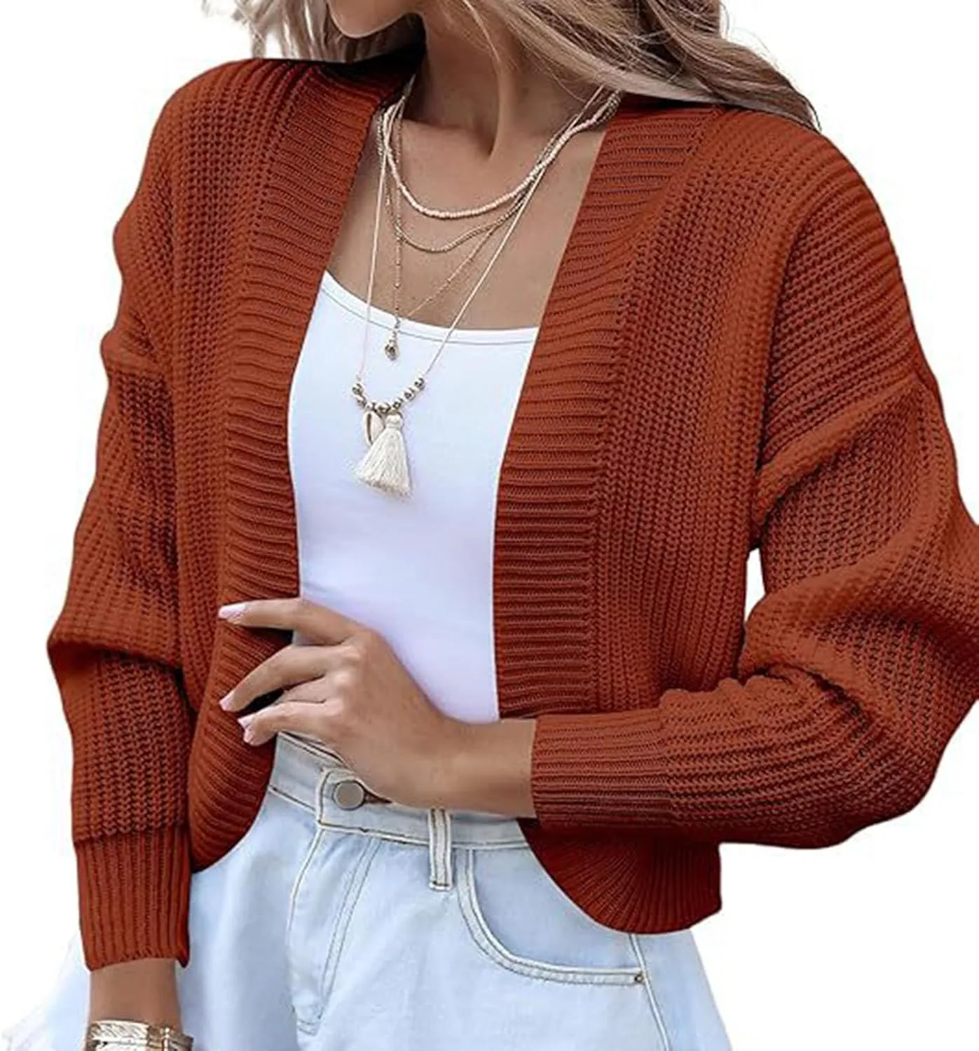Womens Cropped Cardigan Open Front Shrug Sweater Coats Long Sleeve Solid Color Sweaters Top V Neck Ribbed Coats