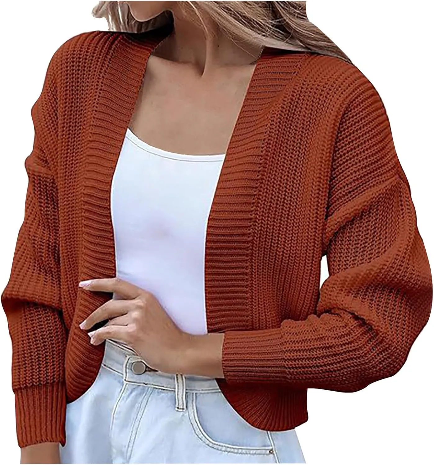 Womens Cropped Cardigan Open Front Shrug Sweater Coats Long Sleeve Solid Color Sweaters Top V Neck Ribbed Coats