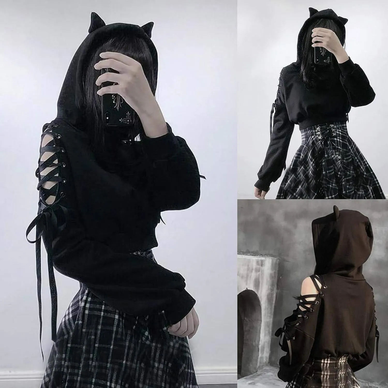 Women's Cute Ear Hoodies Pullover Dark Gothic Clothes Sexy Bandage Crop Hooded Sweatshirts Long Sleeve Hoodie Shirts