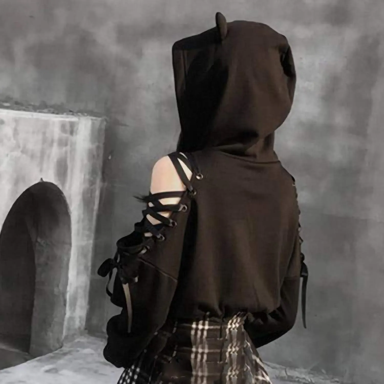 Women's Cute Ear Hoodies Pullover Dark Gothic Clothes Sexy Bandage Crop Hooded Sweatshirts Long Sleeve Hoodie Shirts