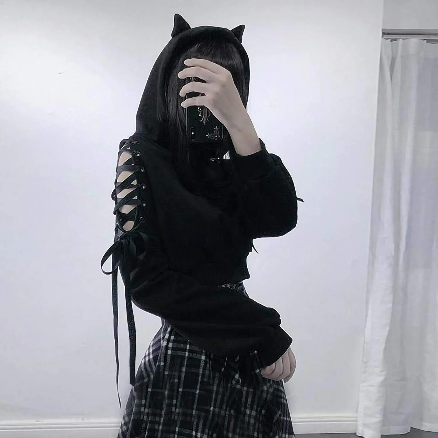 Women's Cute Ear Hoodies Pullover Dark Gothic Clothes Sexy Bandage Crop Hooded Sweatshirts Long Sleeve Hoodie Shirts