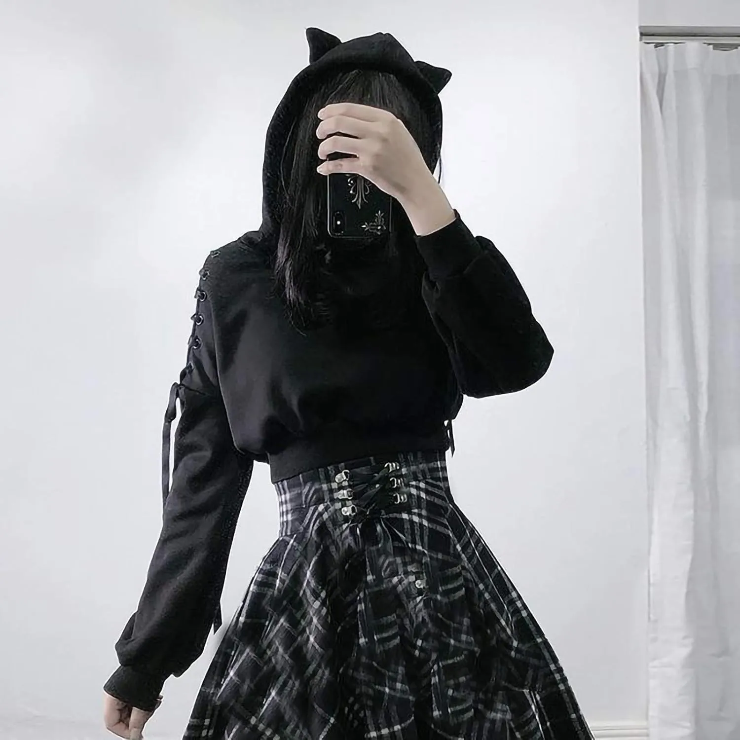 Women's Cute Ear Hoodies Pullover Dark Gothic Clothes Sexy Bandage Crop Hooded Sweatshirts Long Sleeve Hoodie Shirts