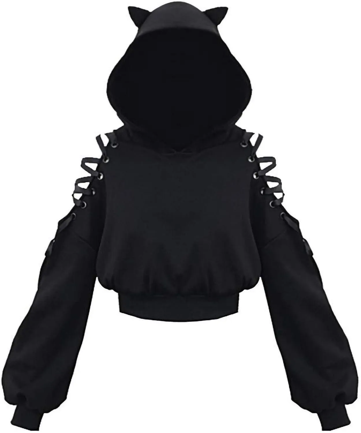 Women's Cute Ear Hoodies Pullover Dark Gothic Clothes Sexy Bandage Crop Hooded Sweatshirts Long Sleeve Hoodie Shirts