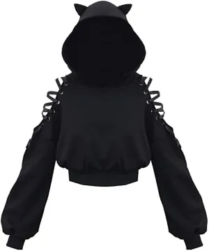 Women's Cute Ear Hoodies Pullover Dark Gothic Clothes Sexy Bandage Crop Hooded Sweatshirts Long Sleeve Hoodie Shirts