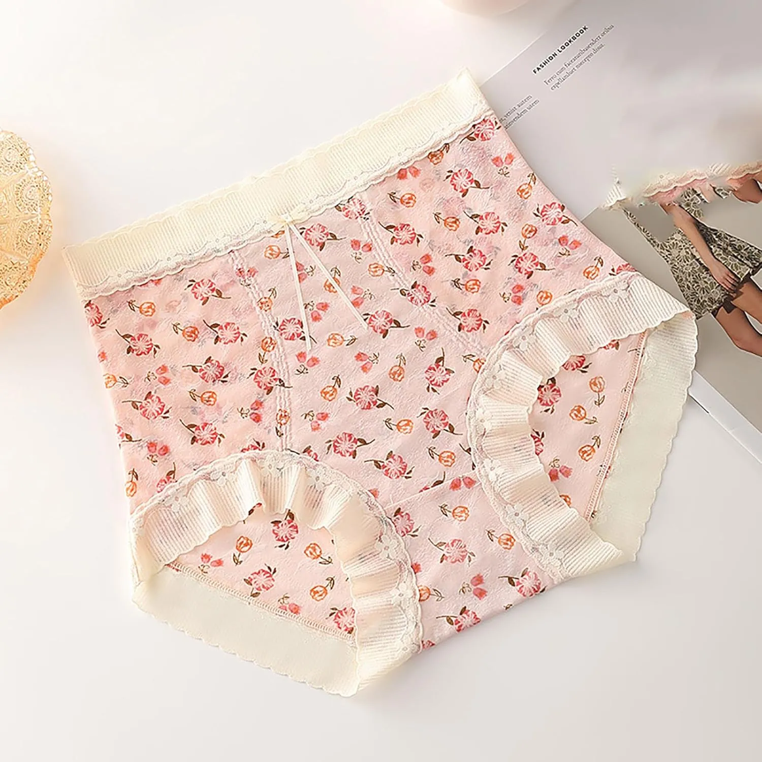 Womens Cute Floral Print Panties Lace Seamless Skin Soft Breathable Comfy Underpant High Waist Daily Casual Briefs