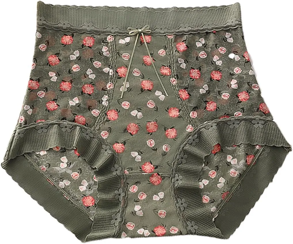 Womens Cute Floral Print Panties Lace Seamless Skin Soft Breathable Comfy Underpant High Waist Daily Casual Briefs